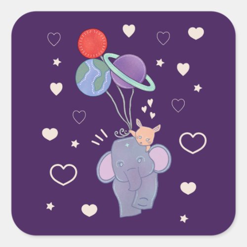 Elephant and Bunny Space Balloon Ride | Whimsical Square Sticker