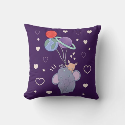 Elephant and Bunny Space Balloon Ride | Whimsical  Throw Pillow