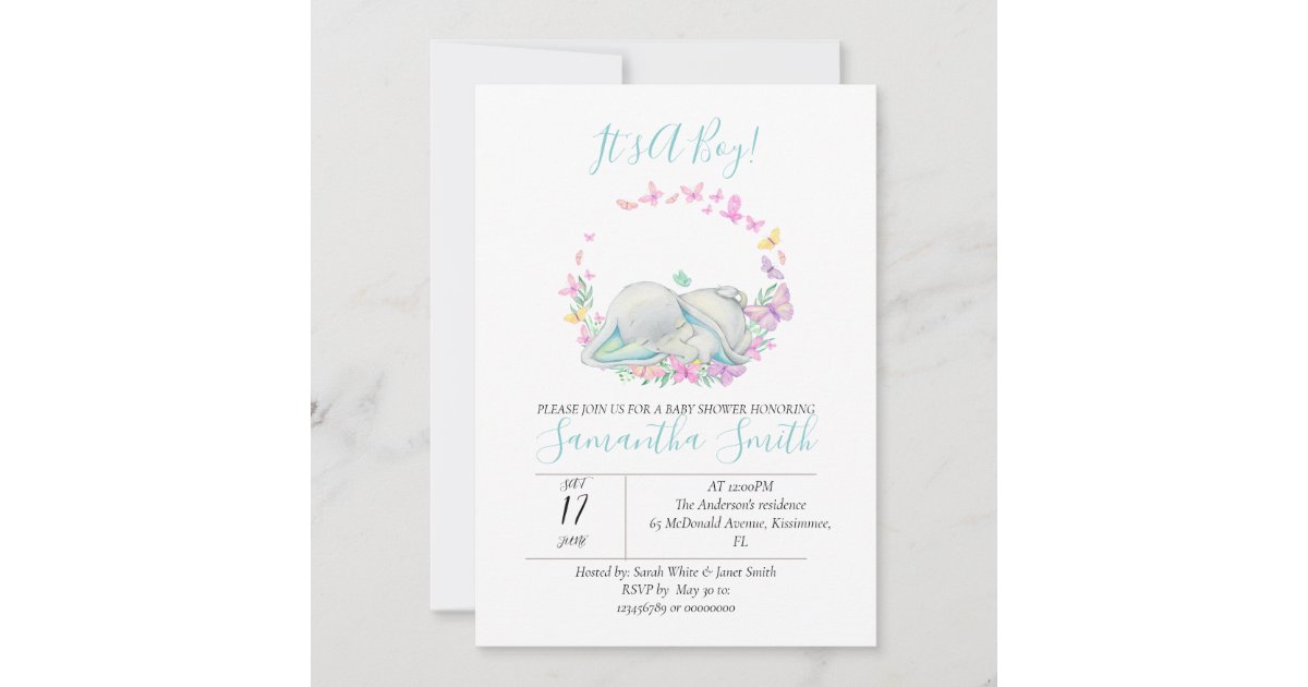 Elephant and Butterflies Baby Shower Invitation Zazzle