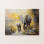 Elephant and Calf Flowers and Sunset Painting Jigsaw Puzzle<br><div class="desc">This heartwarming painting depicts an elephant and its calf walking through a field of flowers at sunset,  bathed in warm,  golden light. The combination of gentle wildlife,  blooming florals,  and a serene sky creates a touching and tranquil scene perfect for nature and animal lovers.</div>