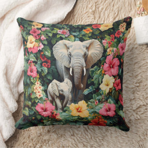 Elephant and Calf Hibiscus Flowers Throw Pillow