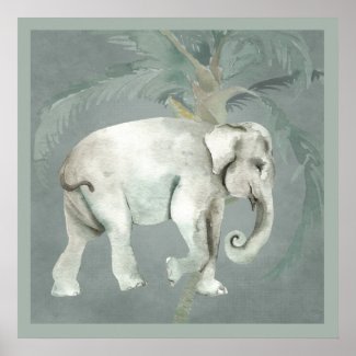 Elephant and Coconut Palm Khaki Green Poster