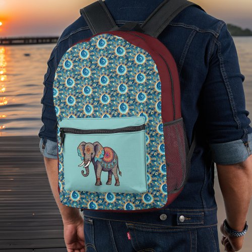 Elephant and Deep Aqua Red Mandalas n Initials Printed Backpack