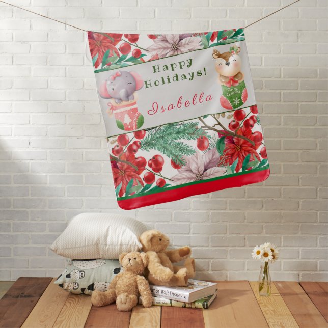 Elephant and Deer Customize Text and Name Baby Blanket (In Situ)
