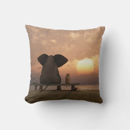 Elephant and Dog Friends Throw Pillow