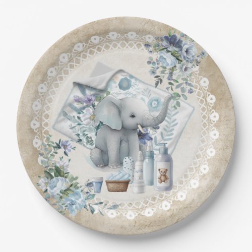 Elephant and dusty blue flowers boy baby shower paper plates