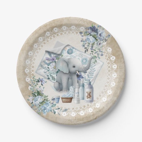 Elephant and dusty blue flowers boy baby shower  paper plates