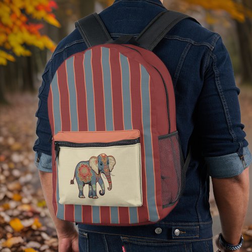 Elephant and Dusty Blue Red Stripes with Monogram Printed Backpack