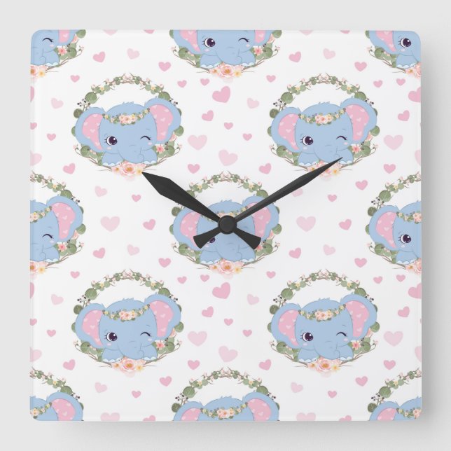 Elephant And Flower Tattoo Square Wall Clock (Front)