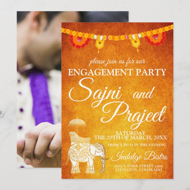 Elephant and Flowers Indian Engagement Party Invitation (Front/Back)