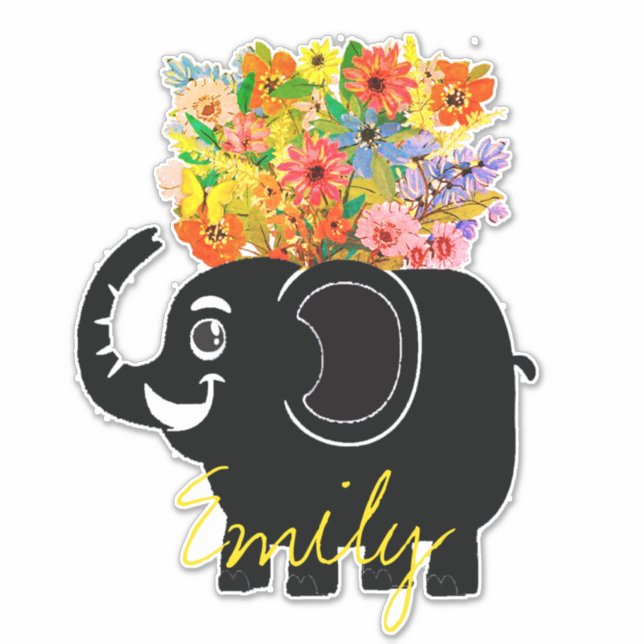 Elephant and flowers personalized sticker (Front)