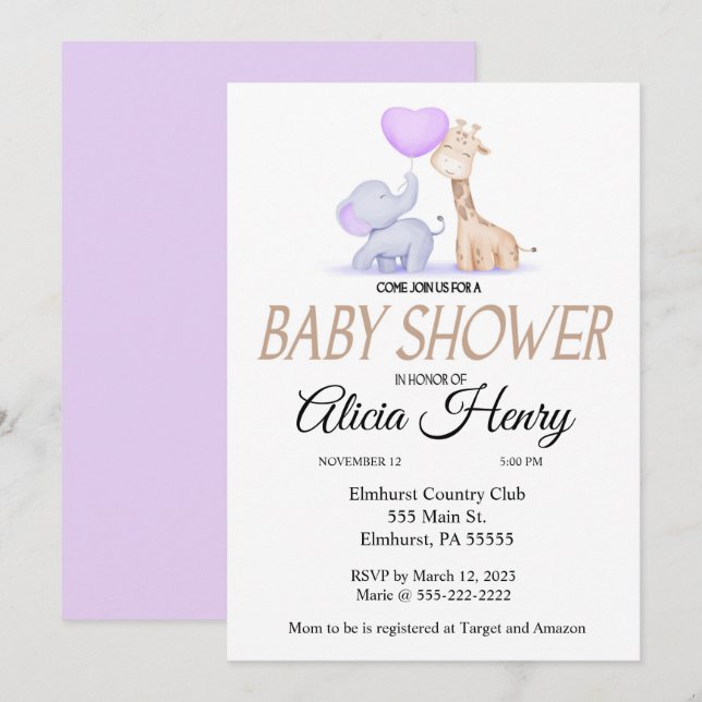 Elephant and Giraffe Baby shower invitation (Front/Back)
