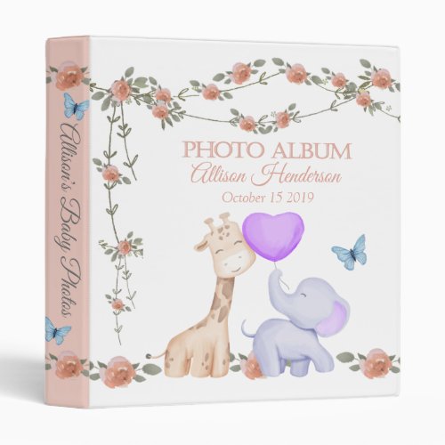 Elephant And Giraffe Girl Baby Photo Album 3 Ring Binder