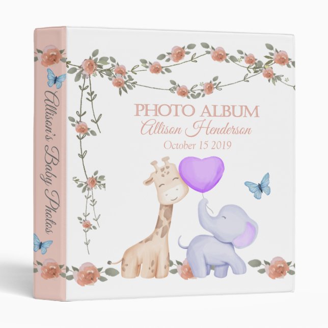 Elephant And Giraffe Girl Baby Photo Album 3 Ring Binder (Front/Spine)