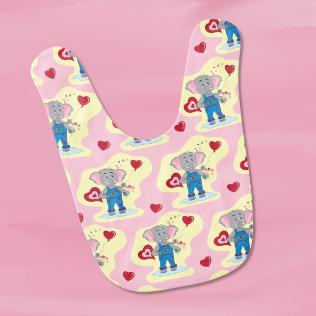 Elephant and Heart Pattern Pink Baby Bib (Adorable pink baby bib with a cartoon elephant and hearts pattern .)