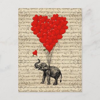 Elephant And Heart Shaped Balloons Postcard by vintageprintstore at Zazzle