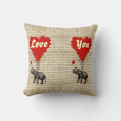 Elephant and heart shaped balloons throw pillow