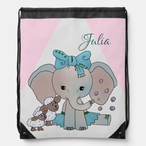 Elephant and lambs personalize baby blanket drawstring bag