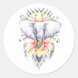 Elephant and lotus classic round sticker