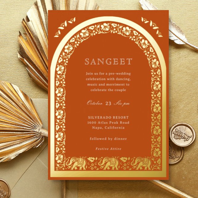 Elephant and Lotus Flower Indian Sangeet Gold Foil Invitation (Orange Indian wedding Sangeet invitation, elephant and lotus flower, hindu wedding invitation card)