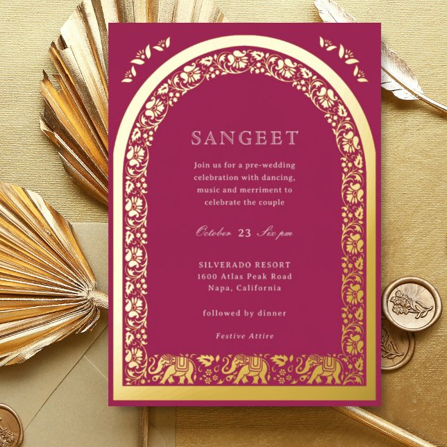 Elephant and Lotus Flower Indian Sangeet Gold Foil Invitation (Pink Indian wedding Sangeet invitation, elephant and lotus flower, hindu wedding invitation card)