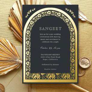 Elephant and Lotus Flower Indian Sangeet Gold Foil Invitation