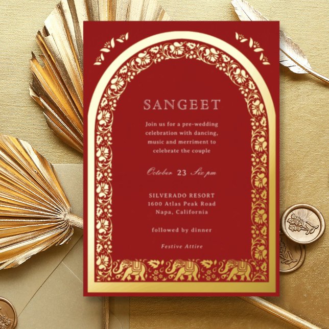 Elephant and Lotus Flower Indian Sangeet Gold Foil Invitation (Red Indian wedding Sangeet invitation, elephant and lotus flower, hindu wedding invitation card)