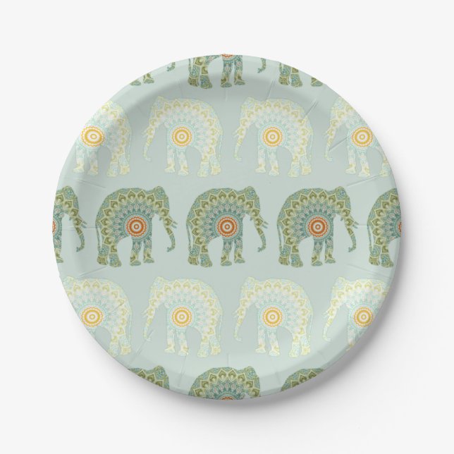 Elephant and Mandala in Light Green  Paper Plates (Front)
