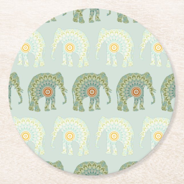 Elephant and Mandala in Light Green  Round Paper Coaster (Front)