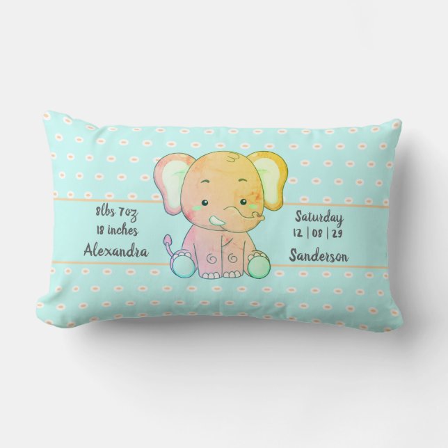 Elephant and Polka dots, Peach and Blue baby stats Lumbar Pillow (Front)