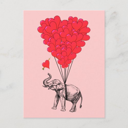 Elephant and red heart balloons postcard
