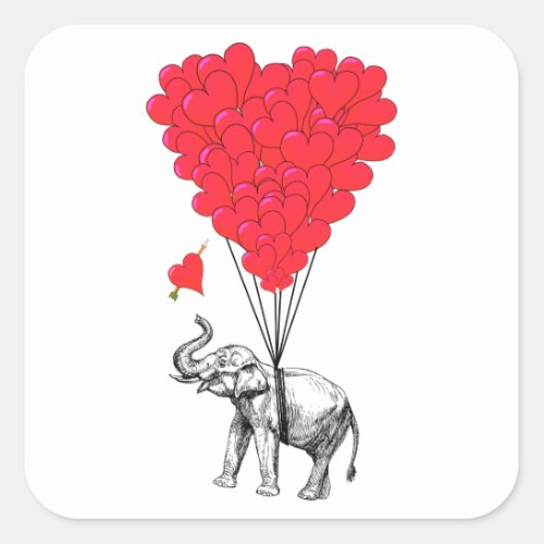 Elephant and red heart balloons square sticker