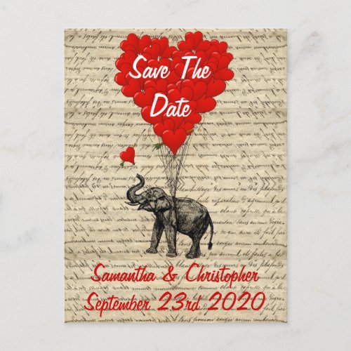 Elephant and red heart save the date announcement postcard