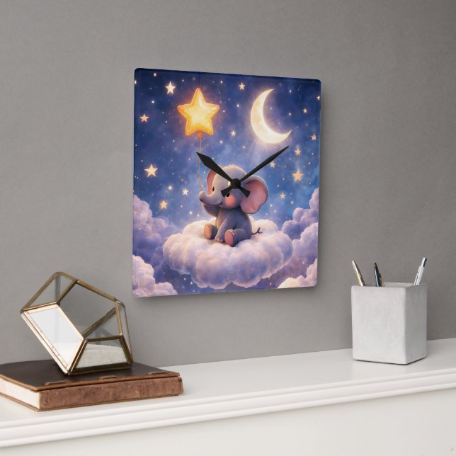 Elephant and stars square acrylic wall clock (Office)