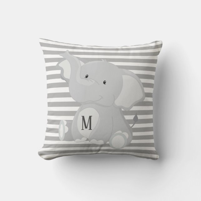 Elephant and Stripes Monogram Throw Pillow (Front)