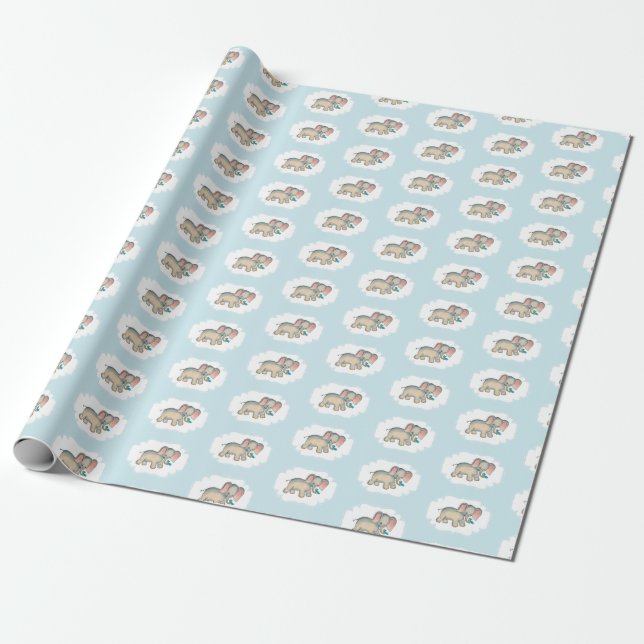Elephant and The Bluebird illustration on blue Wrapping Paper (Unrolled)