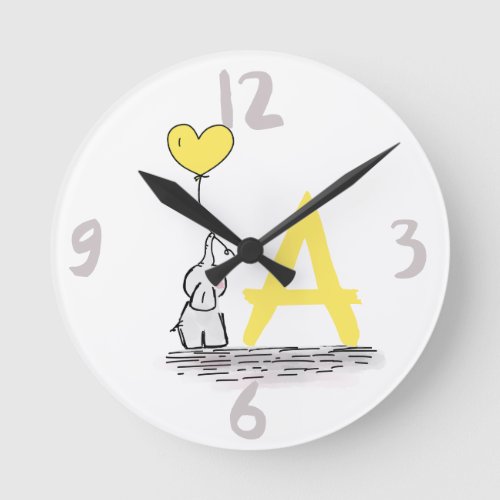 Elephant And Yellow Heart Balloon Monogram Nursery Round Clock