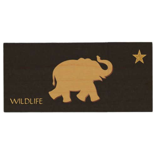 Elephant animal  golden star on black wood flash drive