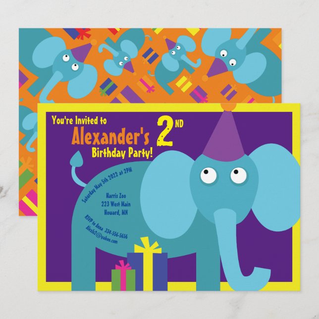 Elephant Animal Kid's Birthday Party Invitations (Front/Back)