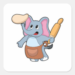 Elephant as Cook with Rolling pin & Dough Square Sticker