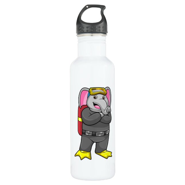 Elephant as Diver with Diving goggles Stainless Steel Water Bottle (Front)