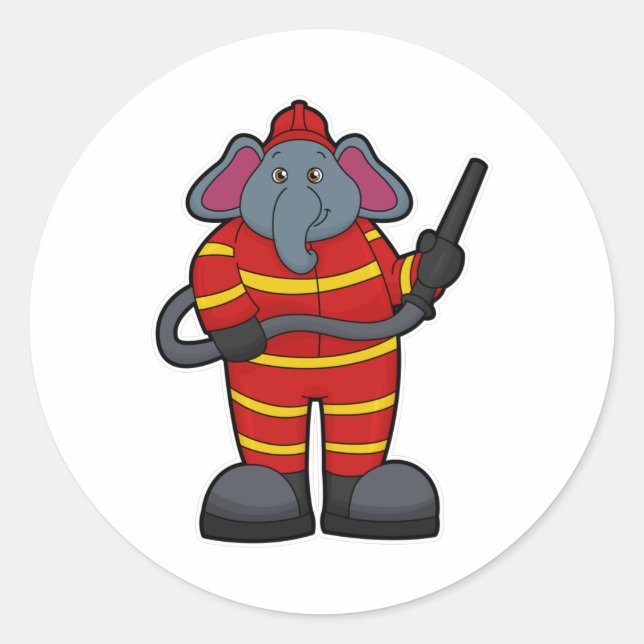 Elephant as Firefighter with Hose Classic Round Sticker (Front)