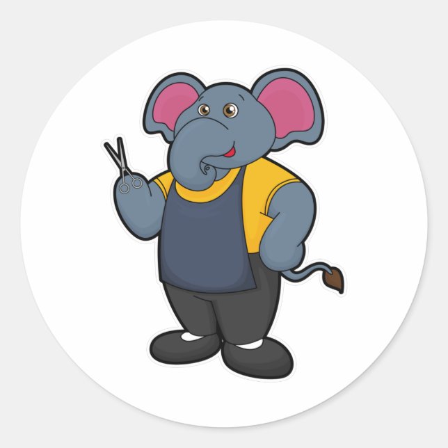 Elephant as Hairdresser with Scissors Classic Round Sticker (Front)