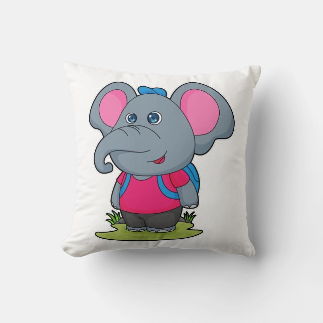 Elephant as Hiker with Backpack Throw Pillow (Front)