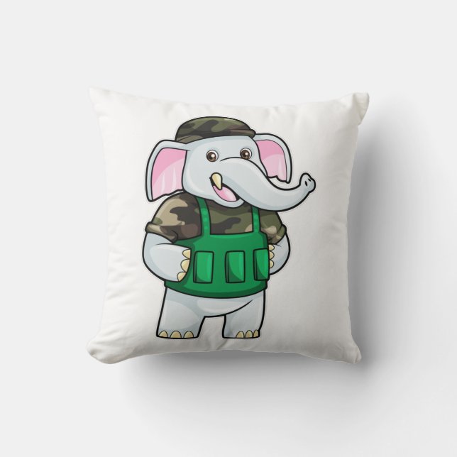 Elephant as Soldier with Uniform & Helmet Throw Pillow (Front)