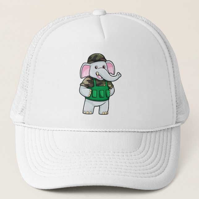 Elephant as Soldier with Uniform & Helmet Trucker Hat (Front)