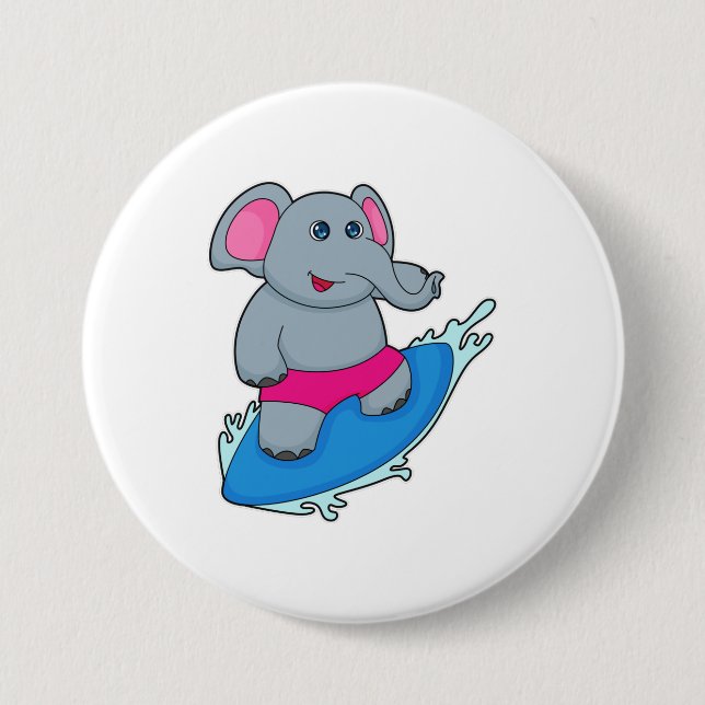 Elephant as Surfer with Surfboard Button (Front)
