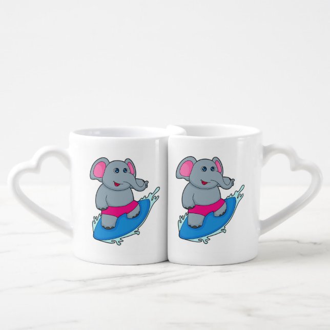 Elephant as Surfer with Surfboard Coffee Mug Set (Front Nesting)