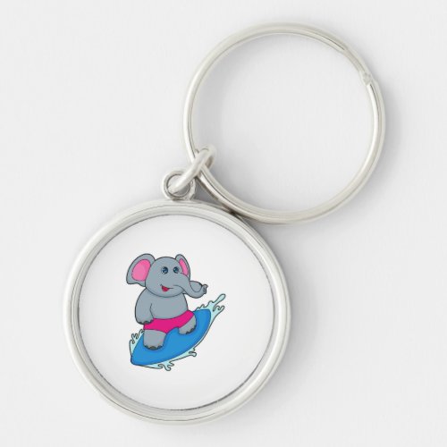 Elephant as Surfer with Surfboard Keychain