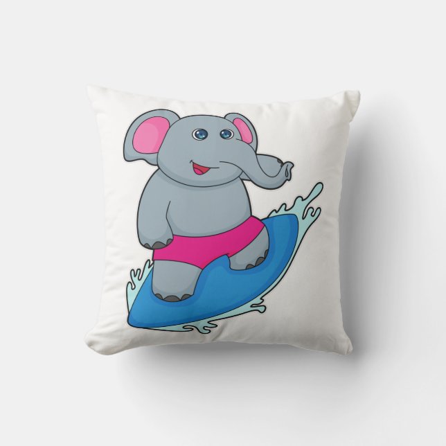 Elephant as Surfer with Surfboard Throw Pillow (Front)
